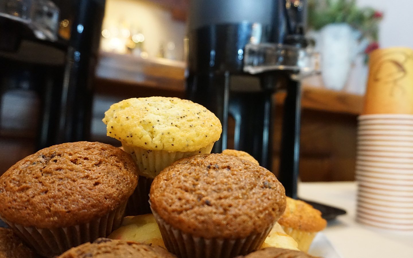 Close up of various muffins.