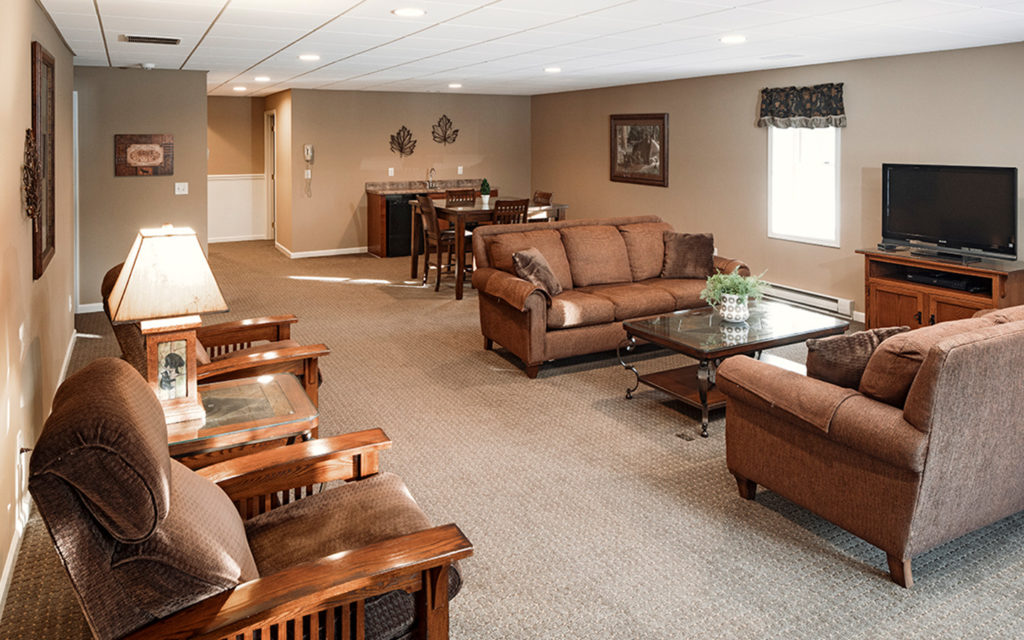 Lake Estate basement with entertainment area.