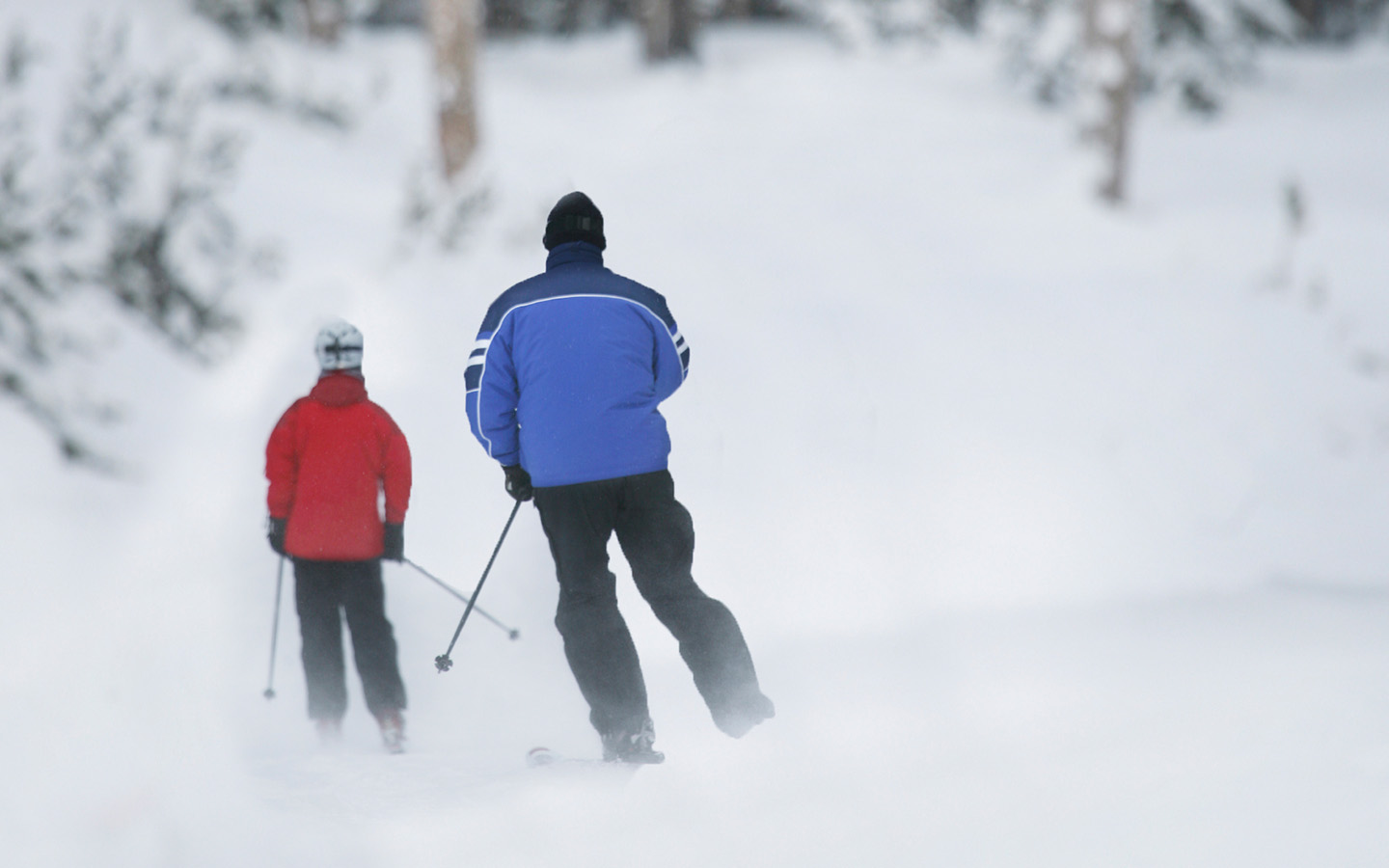 Two people cross country skiing.