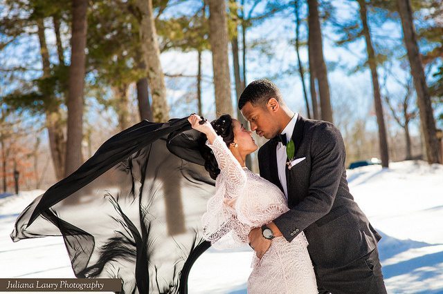 Bride and Groom embracing outside in winter.
