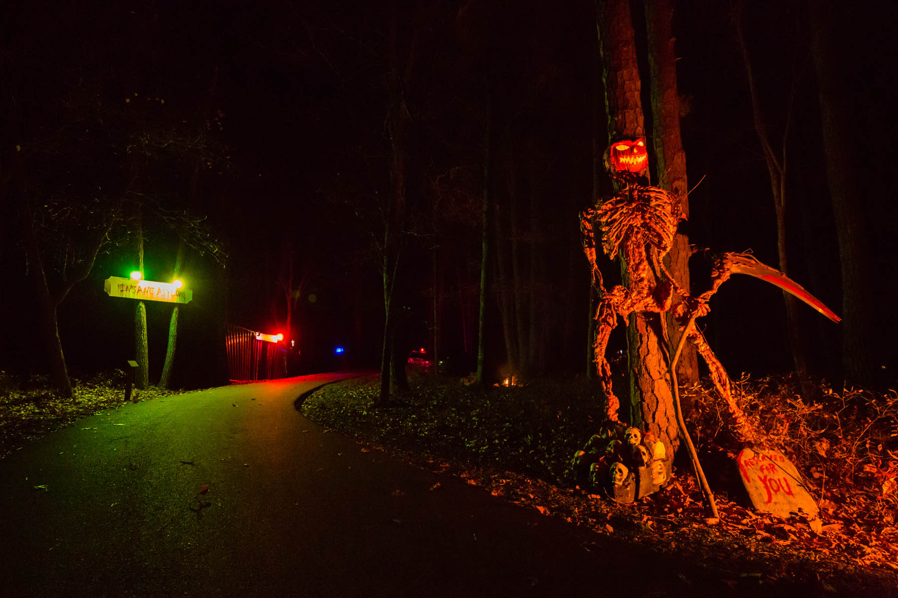 Scary wooden skeleton with pumpkin head.