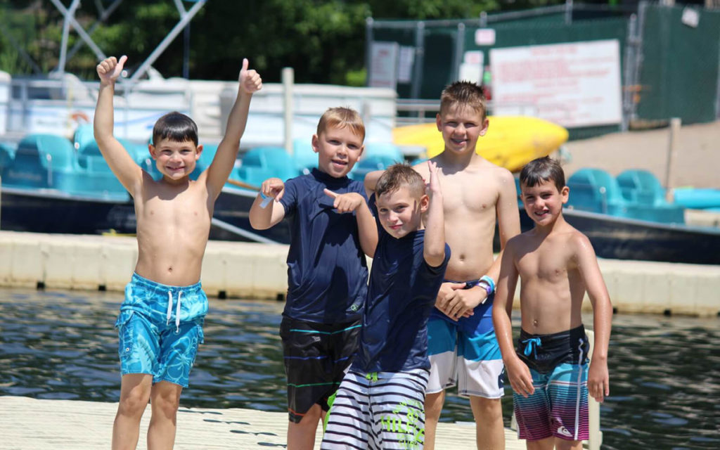 Five young boys on Lake Teedyuskung dock.