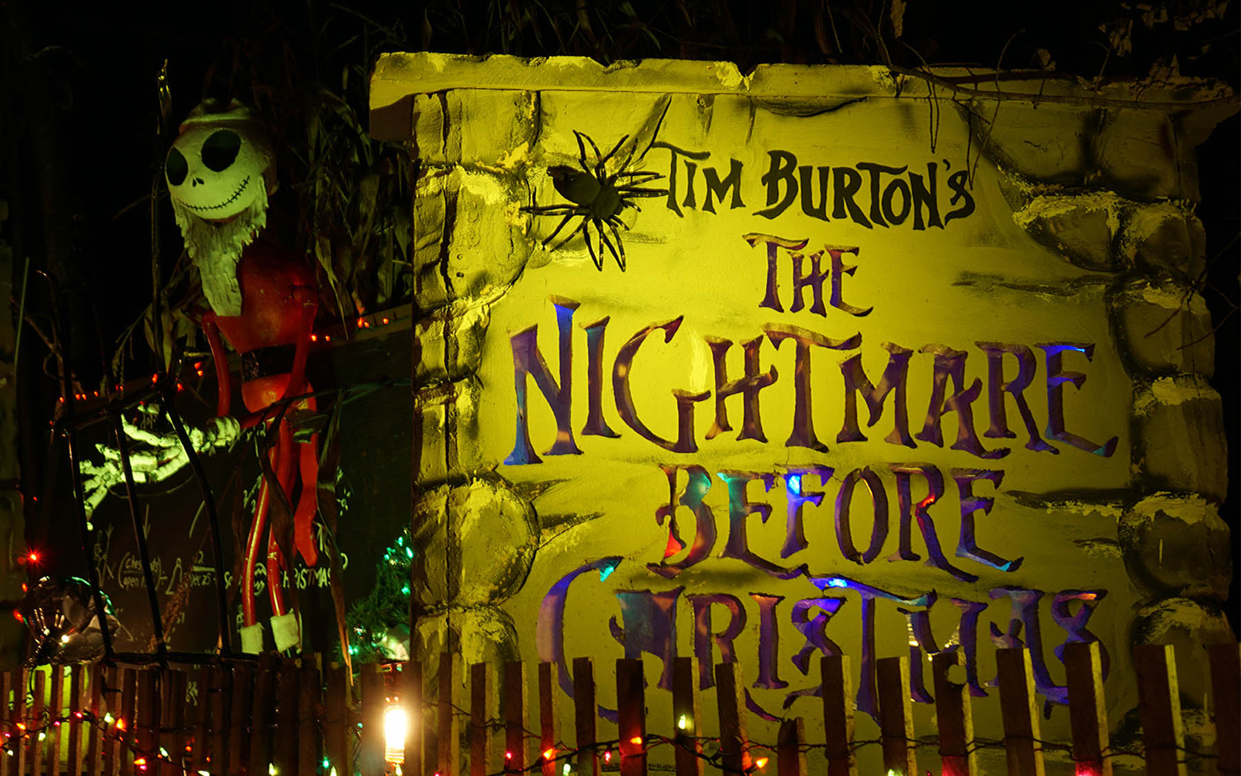 Jack Skellington statue and sign. Text: The Nightmare Before Christmas.