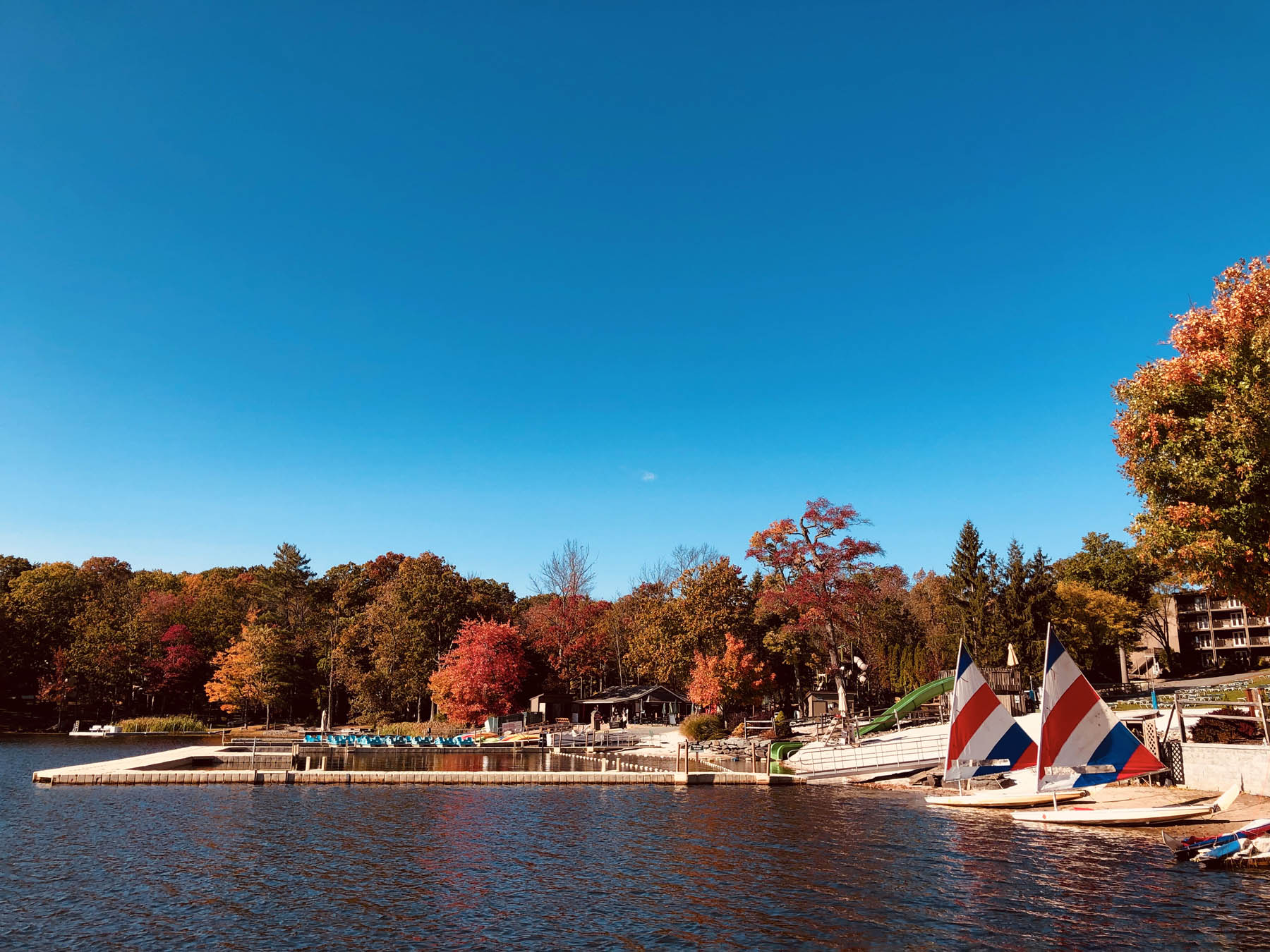 Woodloch docks, piers and beach in fall.