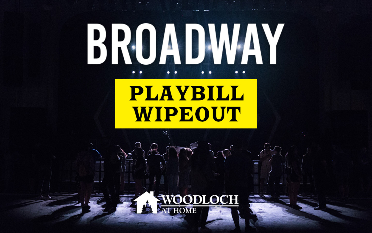 People in shadow on stage. Text: Broadway Playbill Wipeout, Woodloch at Home.