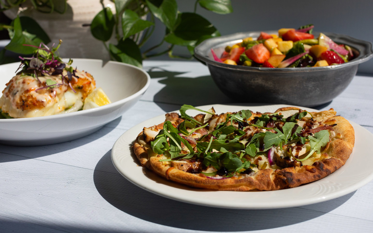 Seafood Encrusted Haddock, Apple & Ham Flatbread, fruit bowl.