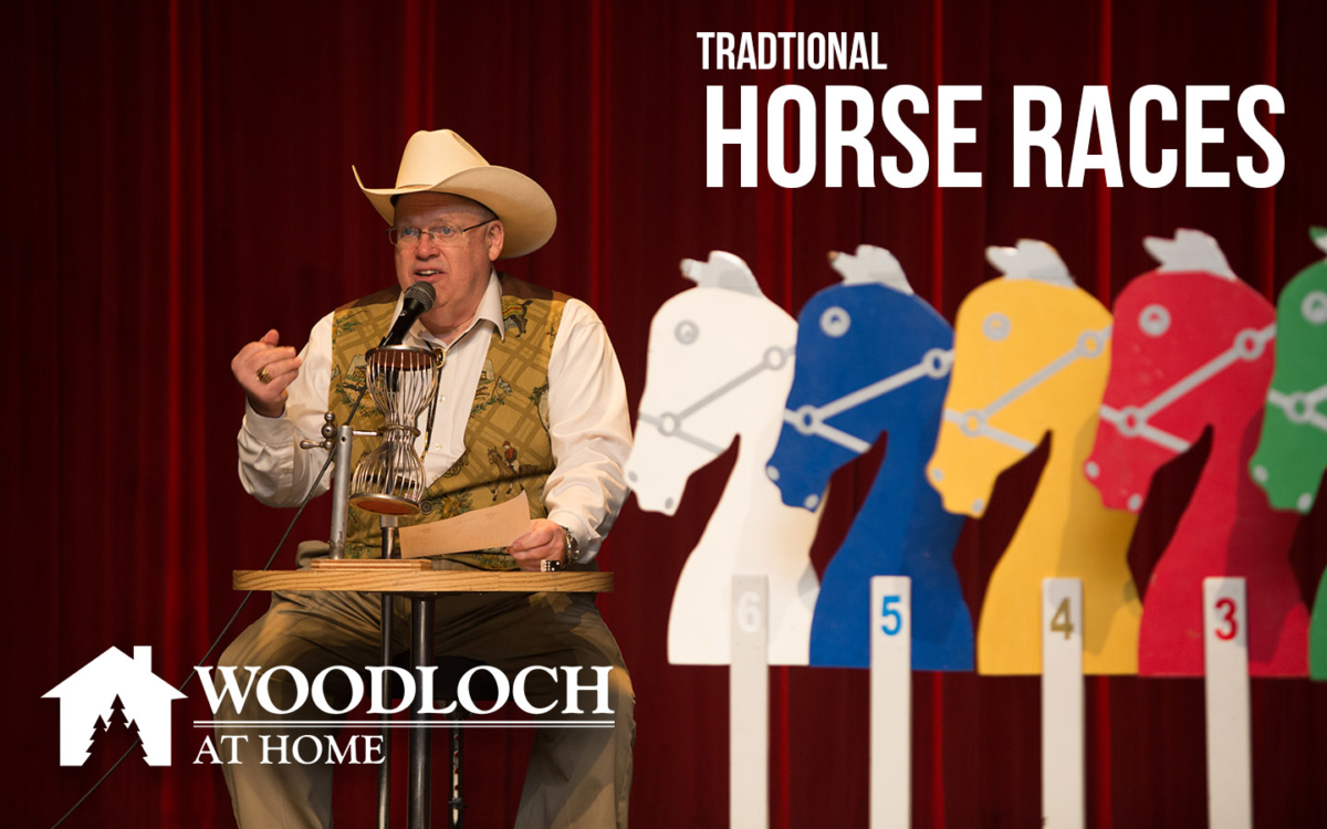 Horse races emcee and wooden horses. Text: Traditional Horse Races, Woodloch at Home.