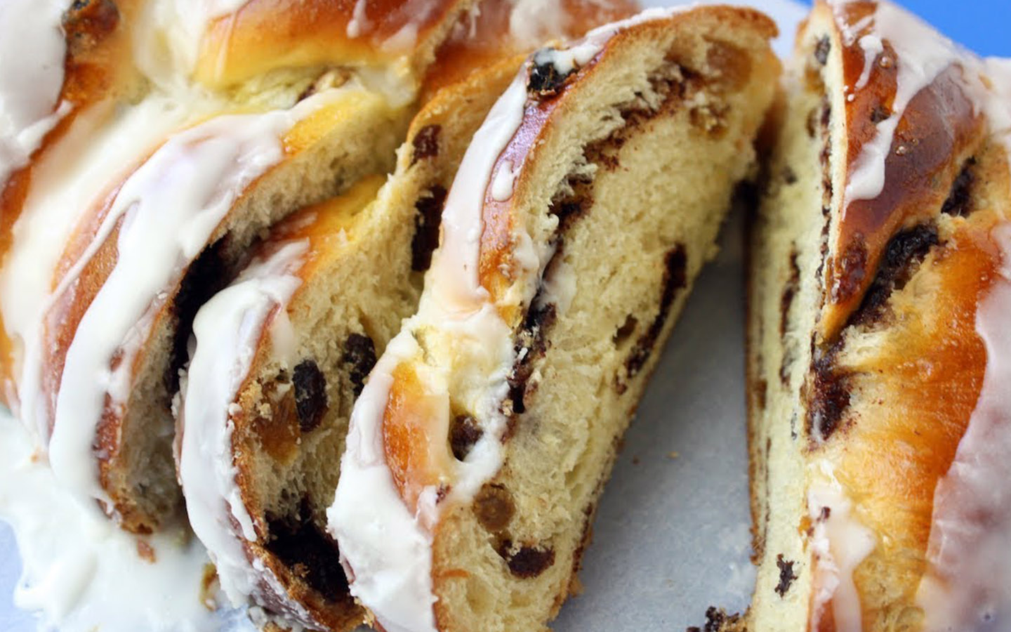 Close up iced raisin bread.