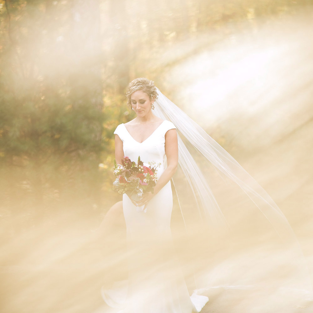 Bride outdoors with sepia light filters.