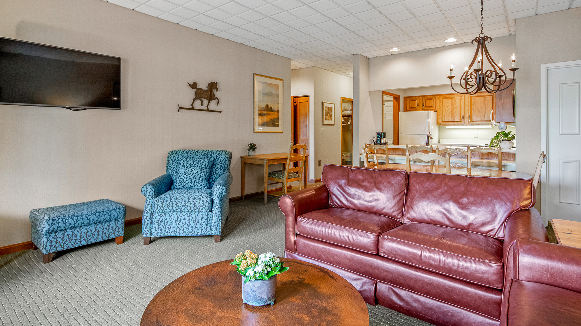 Edgewater living room and adjacent kitchen.