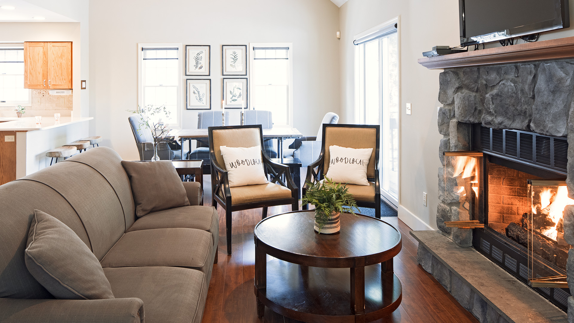 Springs living room with fireplace.