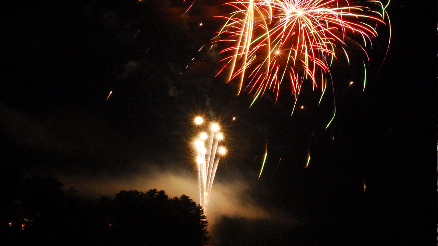 Fireworks going off over Woodloch Resort.