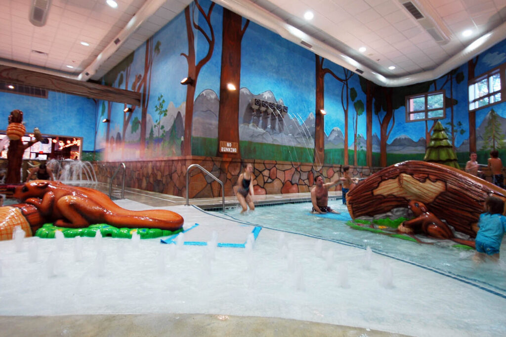 Indoor kiddie splash pools.