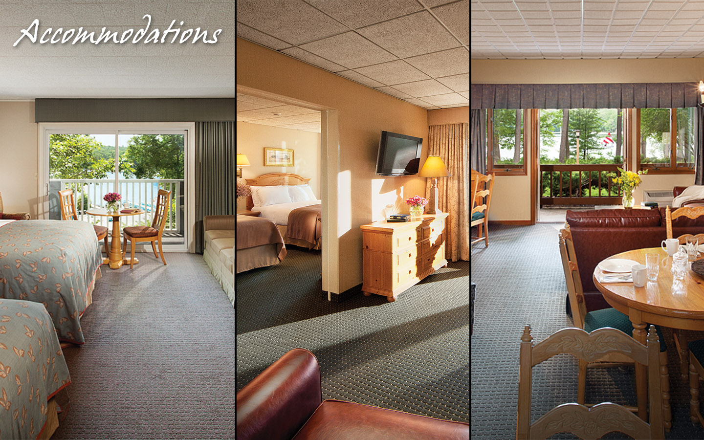 Three photos: guest bedroom, guest bedroom and living room, guest living room. text: Accommodations.