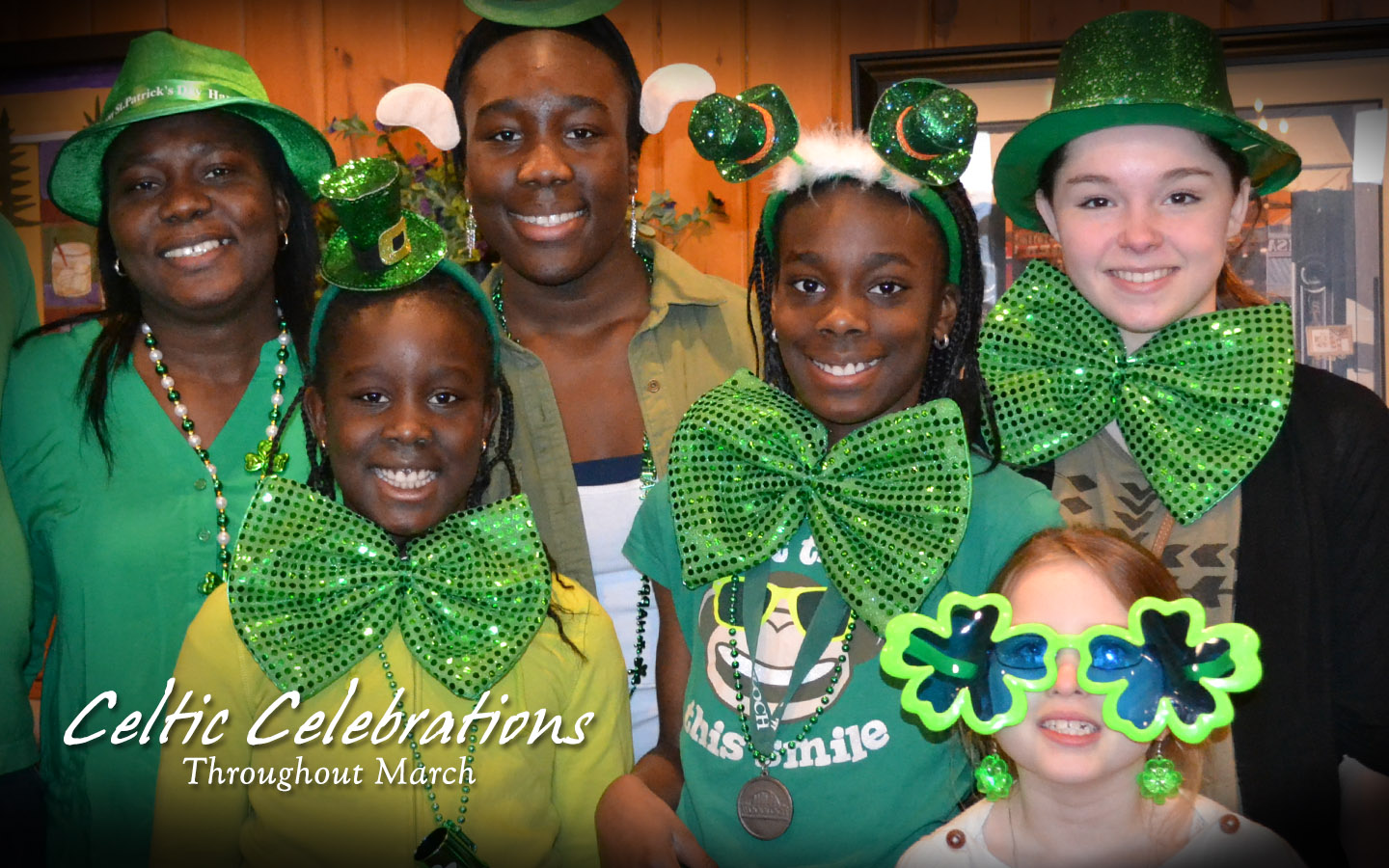Group in St. Patrick's day costumes. Text: Celtic celebrations throughout March.