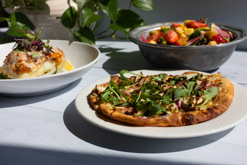 flatbread pizza, fruit bowl.