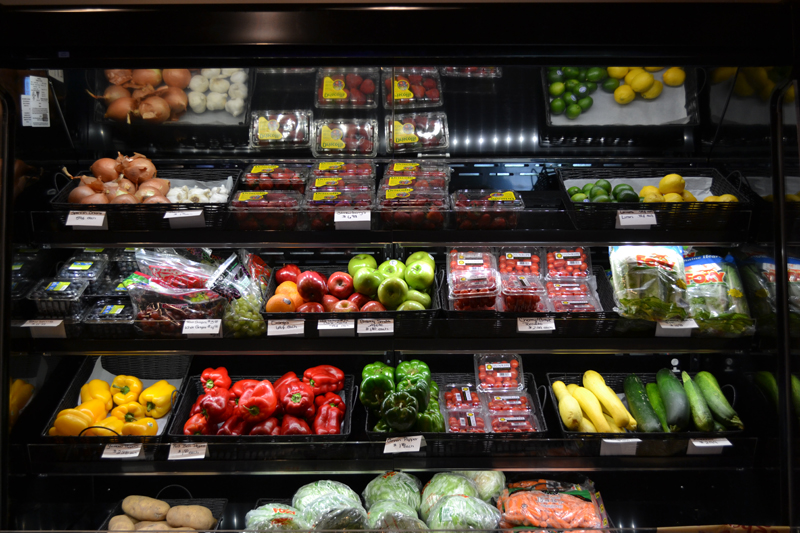 Grocery store vegetables and fruit.